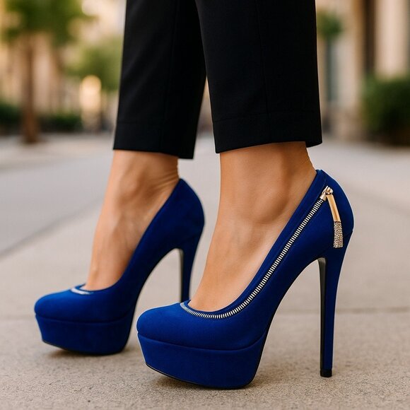 VEGAN SUEDE ROYAL BLUE Platform Stilettos Heels 8 Gold Chain Zipper Red Bottoms - Picture 1 of 16